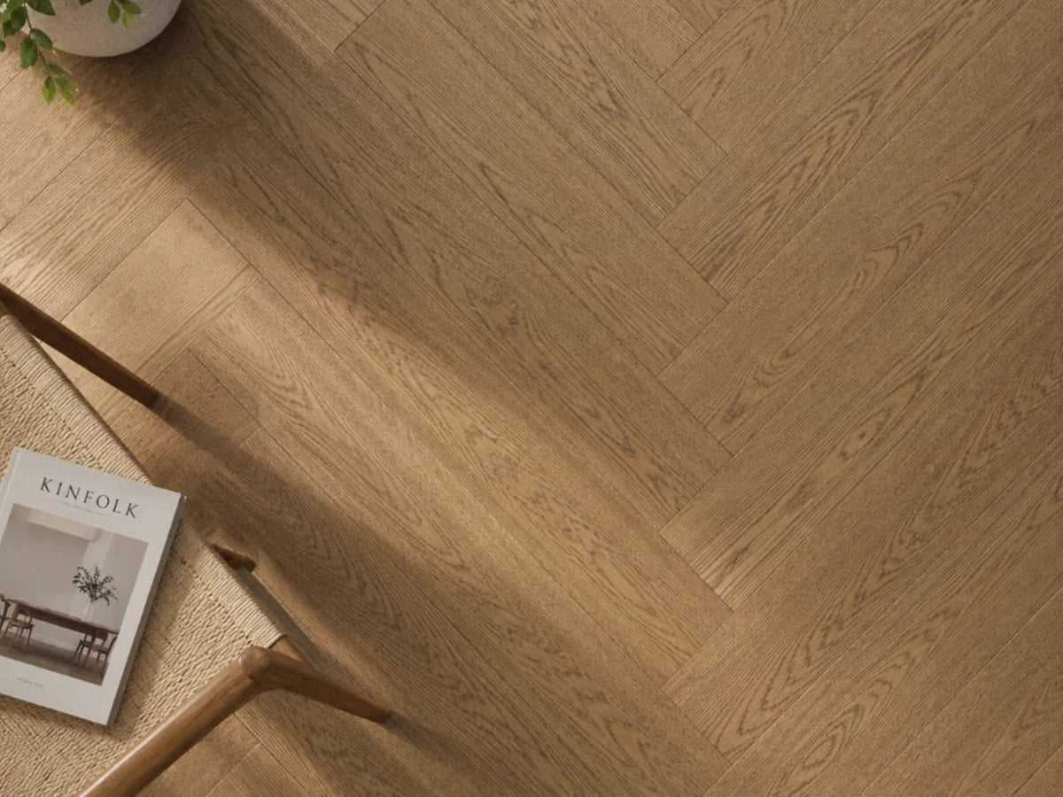Eco Flooring Swish Oak Natura Fiano Brown herringbone engineered French oak flooring, matt UV lacquer