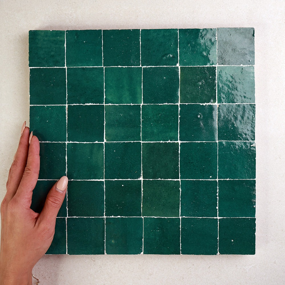 Zellige Square 50 x 50 mm Moroccan Handmade Tiles in Beige, Blue & Green, Glazed finish