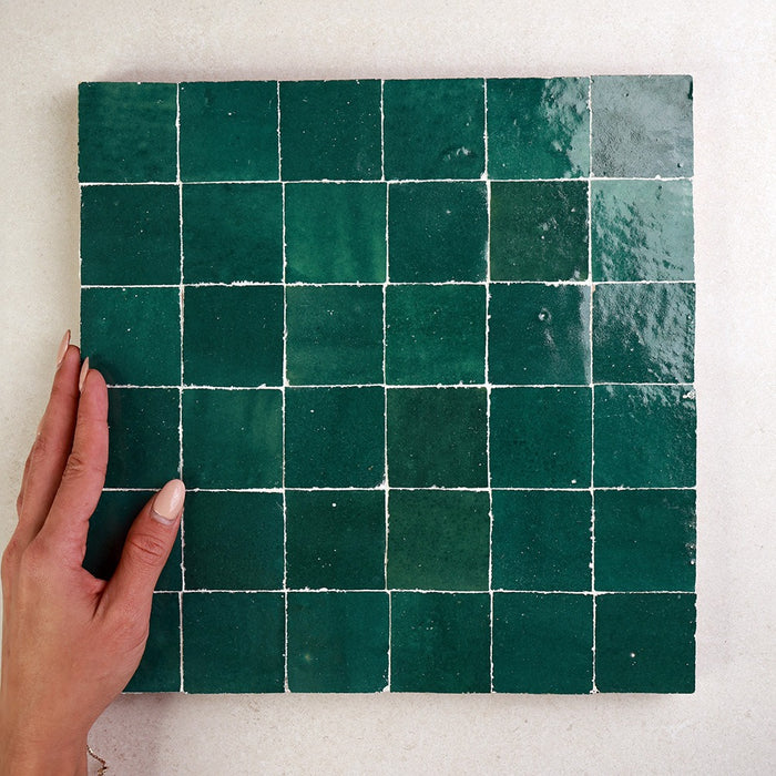 Zellige Square 50 x 50 mm Moroccan Handmade Tiles in Beige, Blue & Green, Glazed finish