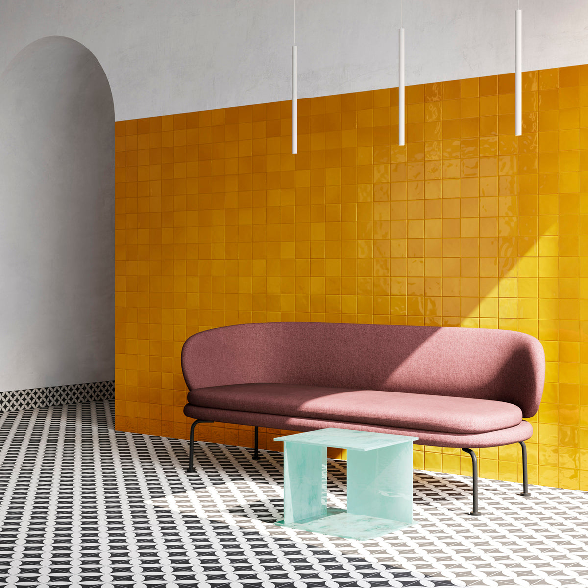 Retromix Series Glazed Porcelain Tile in Amber Yellow, Emerald Green, Lava Red, Moss, Terra Ross, Pink, Teal & White, Gloss finish