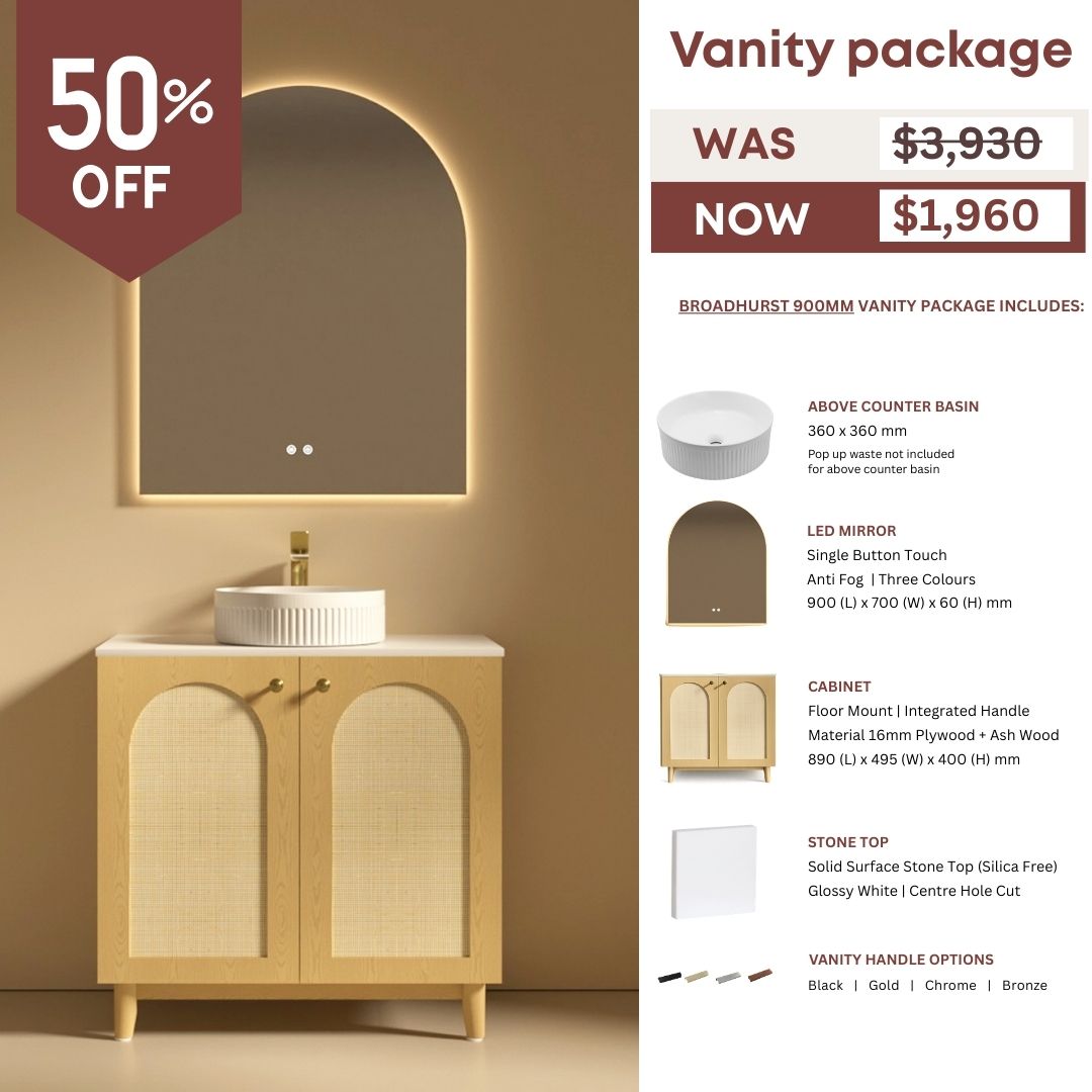 Broadhurst Modern Floor Standing Vanity Mirror Basin Package 900 mm - Floor Stock | Serano Surfaces
