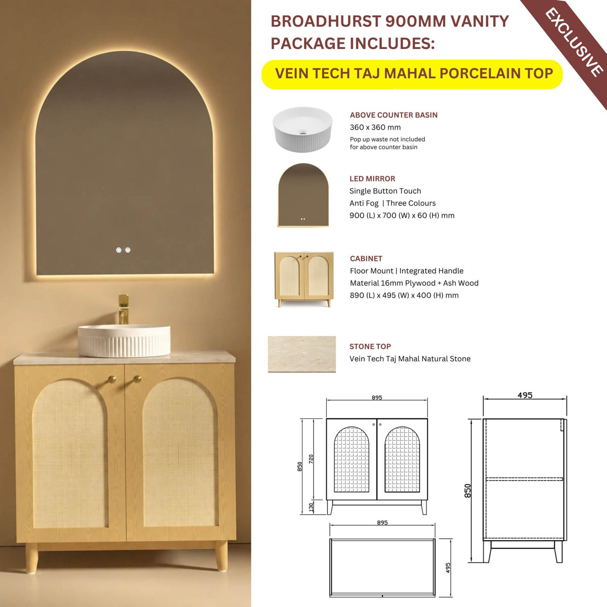 Broadhurst 900mm Floor Standing Vanity Package with Taj Mahal Top | Serano Surfaces