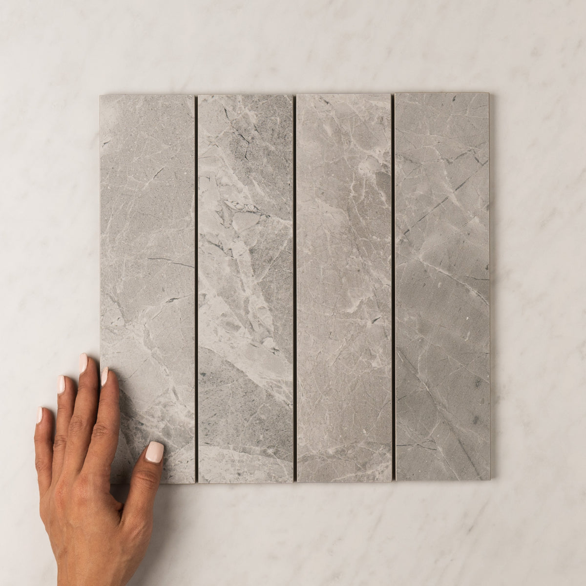 Tundra Marble Look Subway Tile 75x300mm in Blue, Matt finish