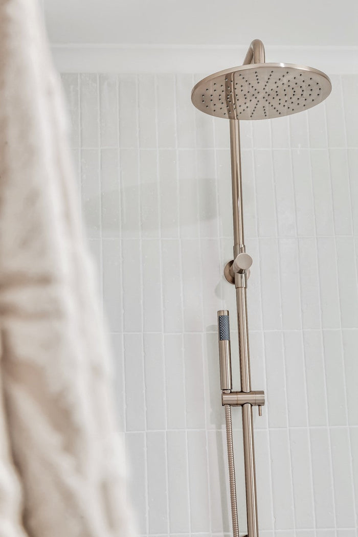 Round Combination Shower Rail, 300mm Rose, Single Function Hand Shower in Champagne | Meir #Colour_Champagne