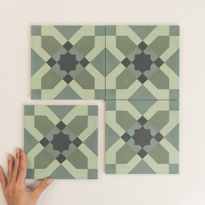 Italian D Segni Series Floor & Wall Patterned Tile in Tappeto 10 Carbone Decor, Tappeto 6 Terra Decor, Tappeto 4 Verde Decor, Tappeto 2 Azzurro Decor, Tappeto 11 Osso Decor, Tappeto 12 Osso Decor & Tappeto 8 Grigio Decor, Matt finish