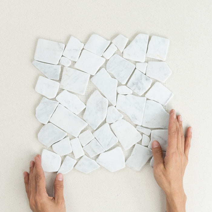 Carrara Crazy Pave Marble Mosaic | Tumbled & Honed Natural Stone