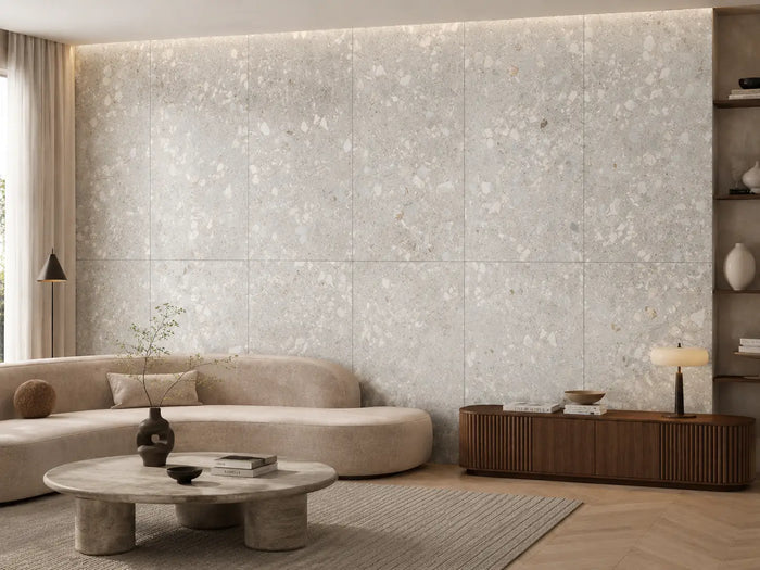 The Rocks Terrazzo Look Porcelain Tile | Made in Italy in White & Grey, Natural finish