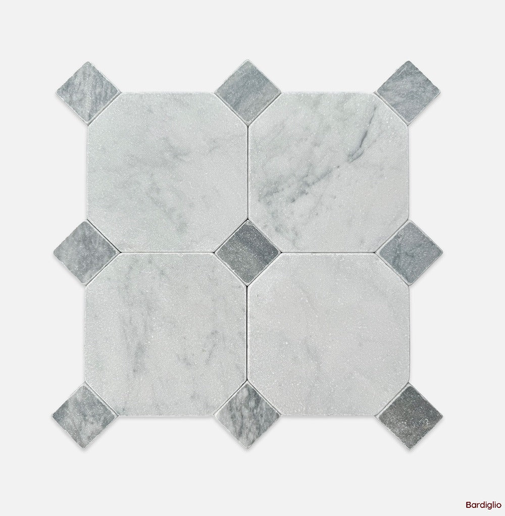 Octagon | Dot Square Tumbled Marble Mosaic in Bardiglio
