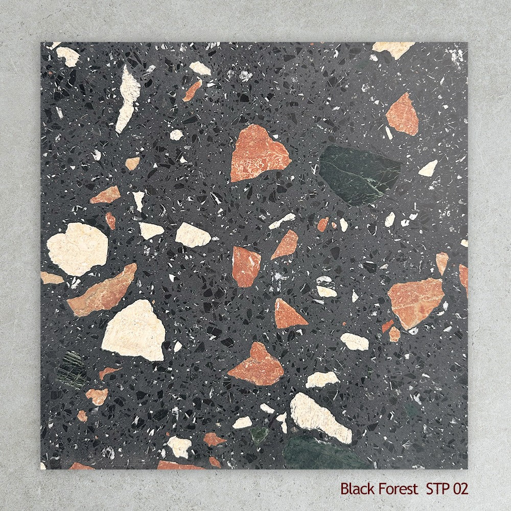 Terrazzo Architectural Range Natural Stone Tile in Black Forest, Honed finish