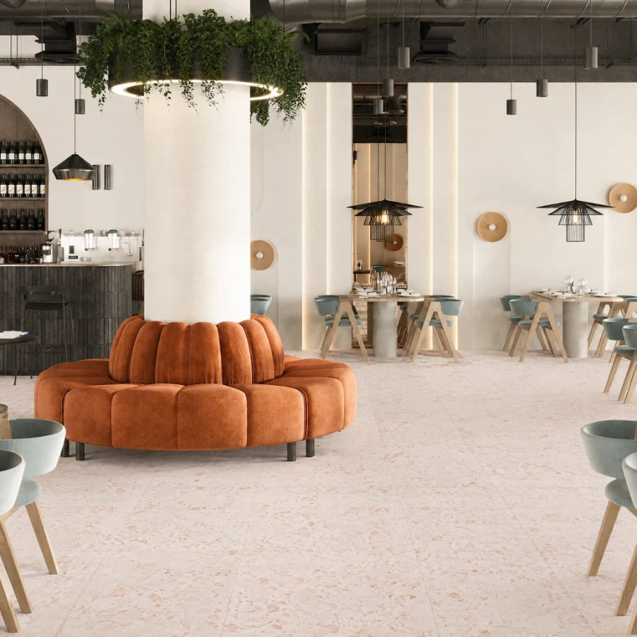Bondi Blush Terrazzo Porcelain Floor and Wall Tile in Blush, Matt finish