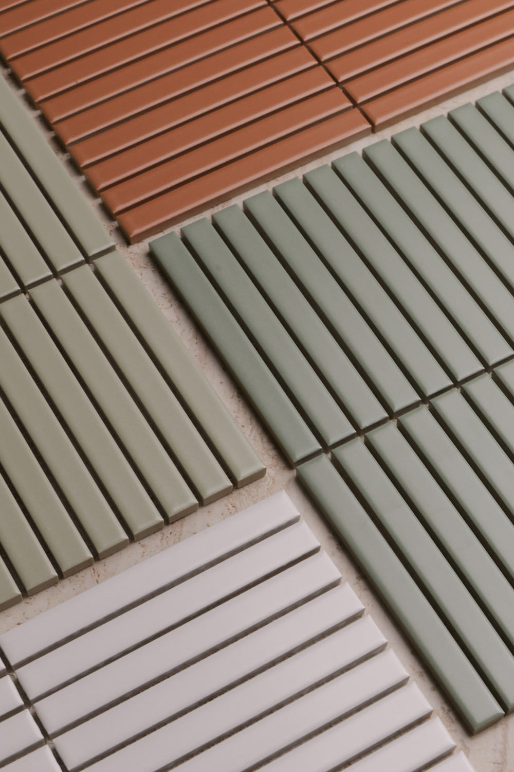 Botanica Kit Kat Series Porcelain Mosaic in Terracotta, Light Sage Green, Sage Green & White, Matt finish