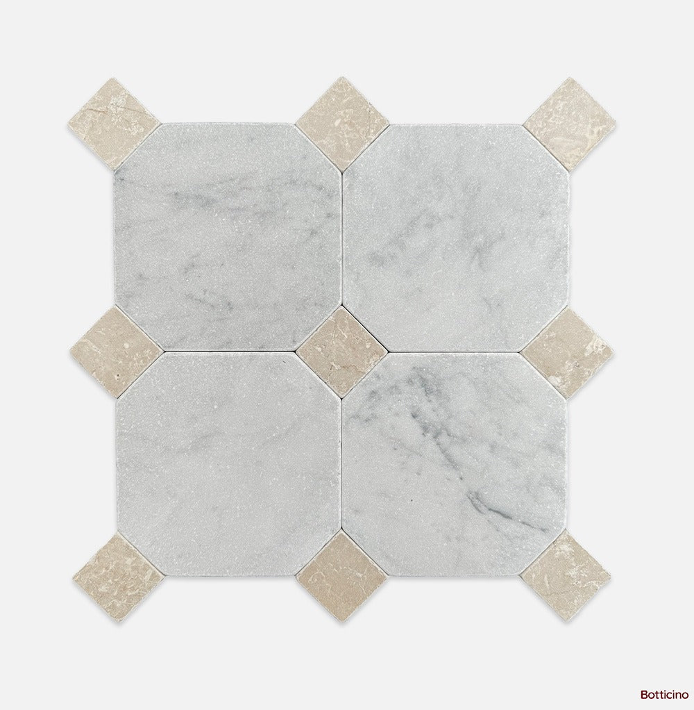 Octagon | Dot Square Tumbled Marble Mosaic in Botticino