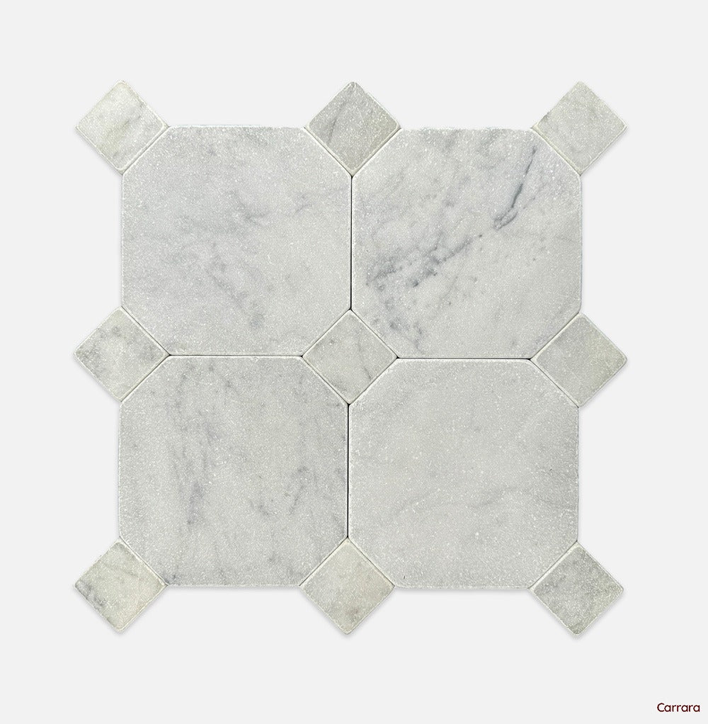 Octagon | Dot Square Tumbled Marble Mosaic in Carrara