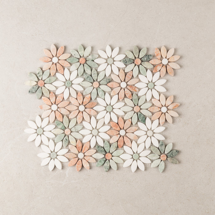 Flower Pink Green + Thassos Marble Mosaic – Honed finish