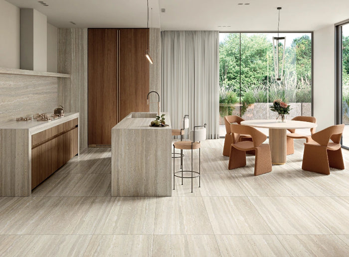 Dorica Travertine Look Porcelain Tile 600x1200 | Italian Floor & Wall Tile in Crema, Greige & White, External & Matt finish