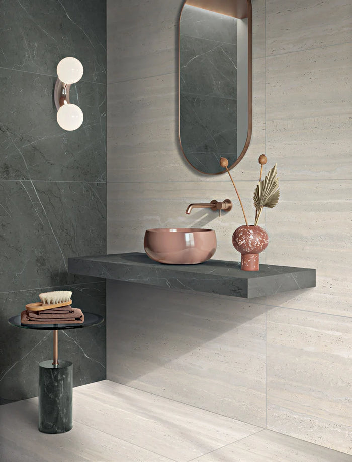 Dorica Travertine Look Porcelain Tile 600x1200 | Italian Floor & Wall Tile in Crema, Greige & White, External & Matt finish