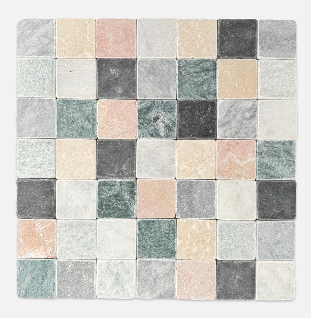 Octagon | Dot Square Tumbled Marble Mosaic in Botticino, Carrara, Bardiglio, Mint ( Sage Green ), Nero, Rosso Red & Verde