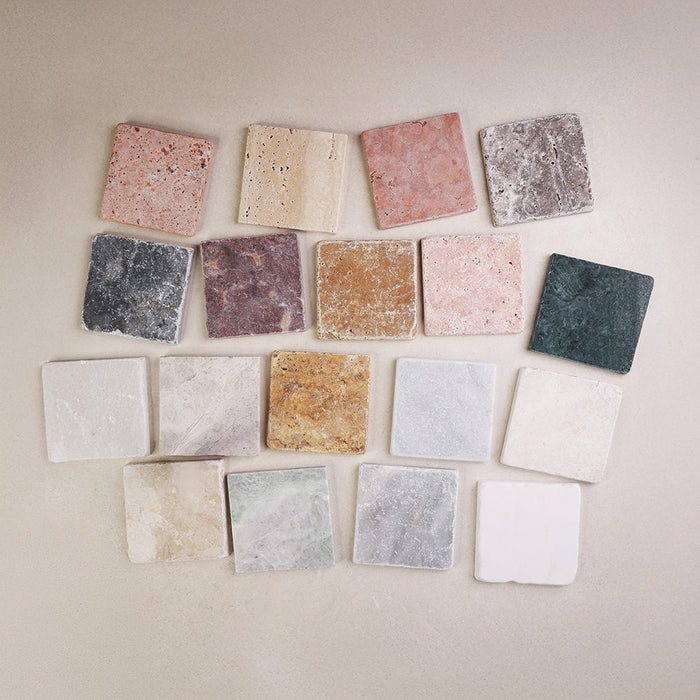 Tumbled Marble Square Natural Stone Tiles 100x100 mm in Crema Trav, Valencia Red, Azure, Botticino, Carrara, Gold Trav, Irish Green, Noce, Noirsette, Plum Red, Travertine Rosso, Dark Emperador, Silver Shadow, Silver Trav, Skylight Marble, Soft Pink, Venato & Verde
