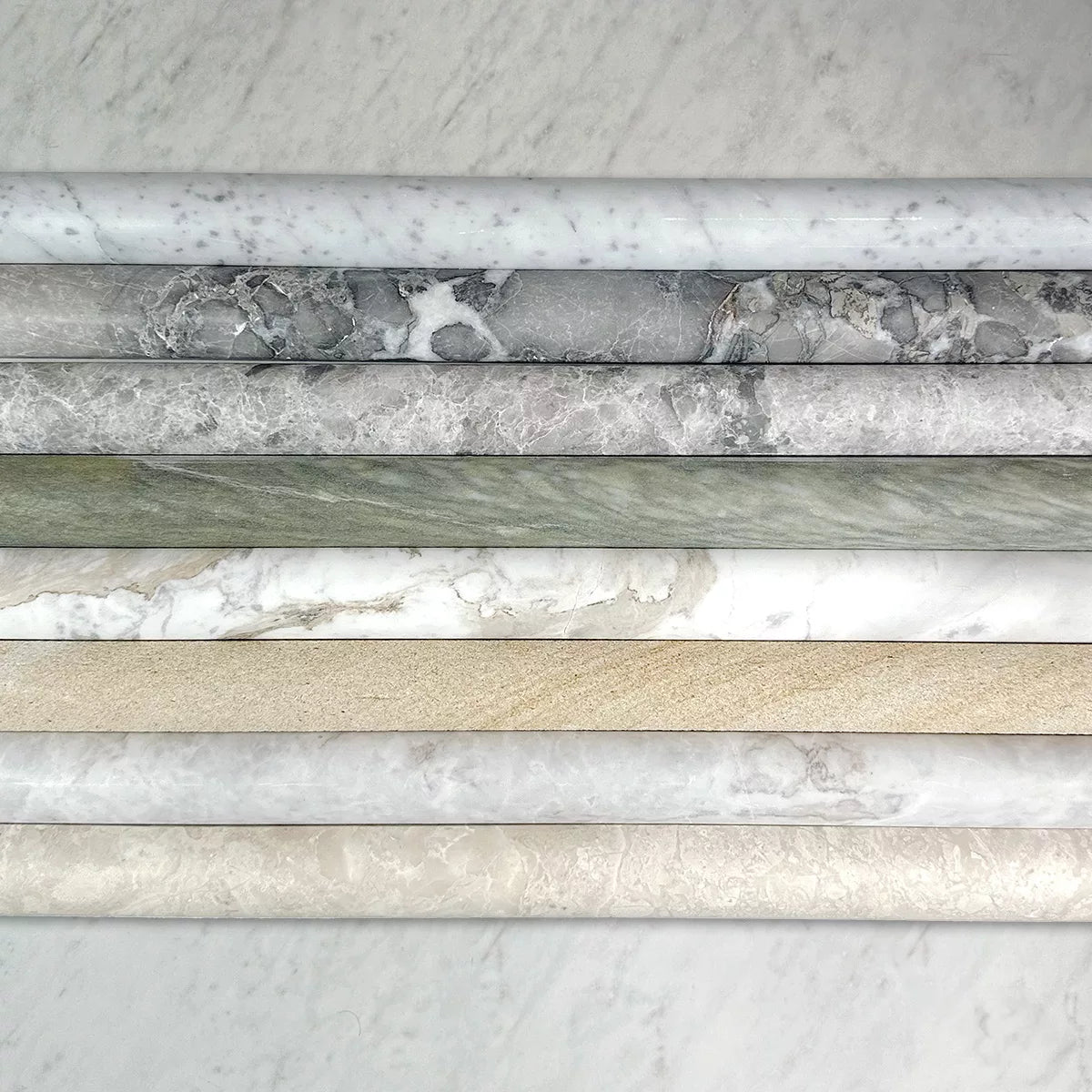 Convex Natural Stone Flutes in Sparta, Australian Sandstone, Carrara, Grigio, Volacas, Ocean Blue & Willow Green, Honed finish