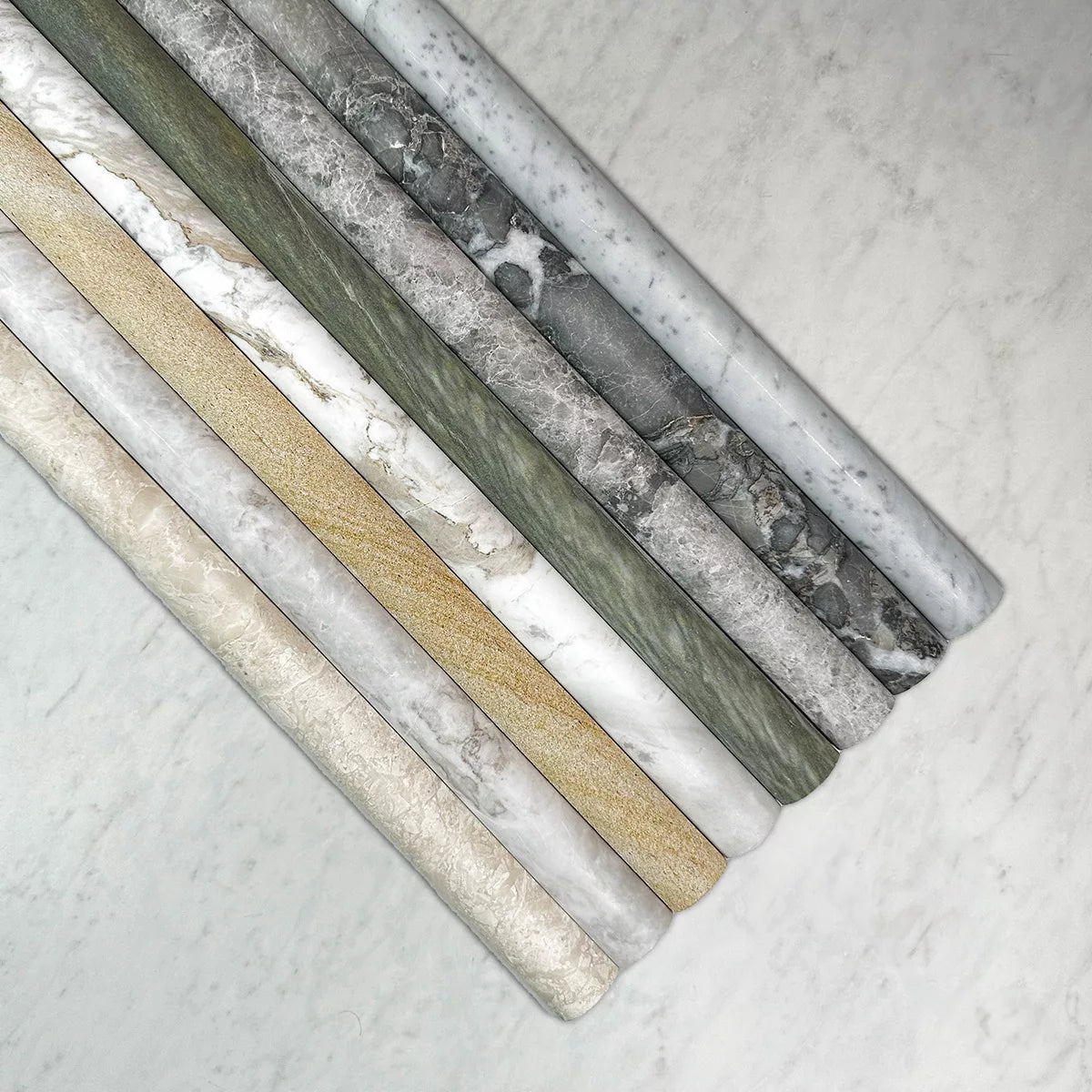Convex Natural Stone Flutes in Sparta, Australian Sandstone, Carrara, Grigio, Volacas, Ocean Blue & Willow Green, Honed finish