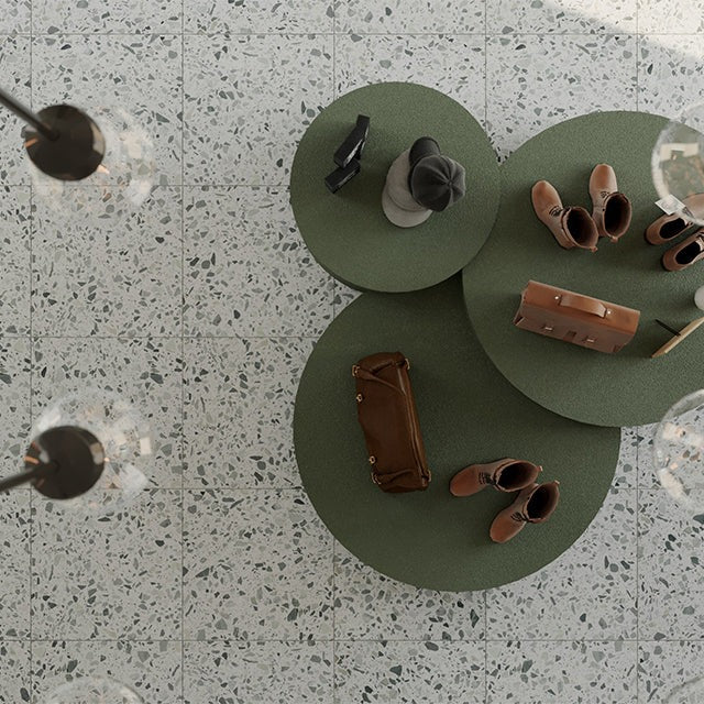 Terrazzo Architectural Range Natural Stone Tile in Forest Green Coarse, Honed, Leather & Polished finish
