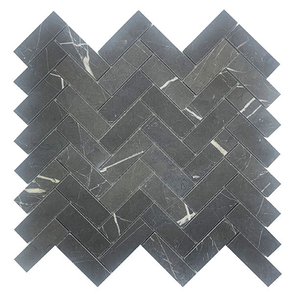 Herringbone Pietra Grey Marble Mosaic in charcoal, Honed finish
