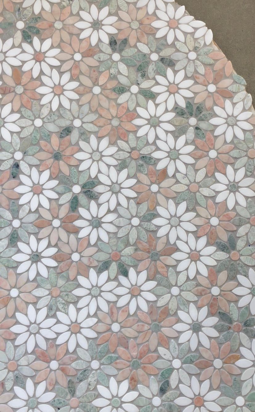 Flower Pink Green + Thassos Marble Mosaic – Honed finish