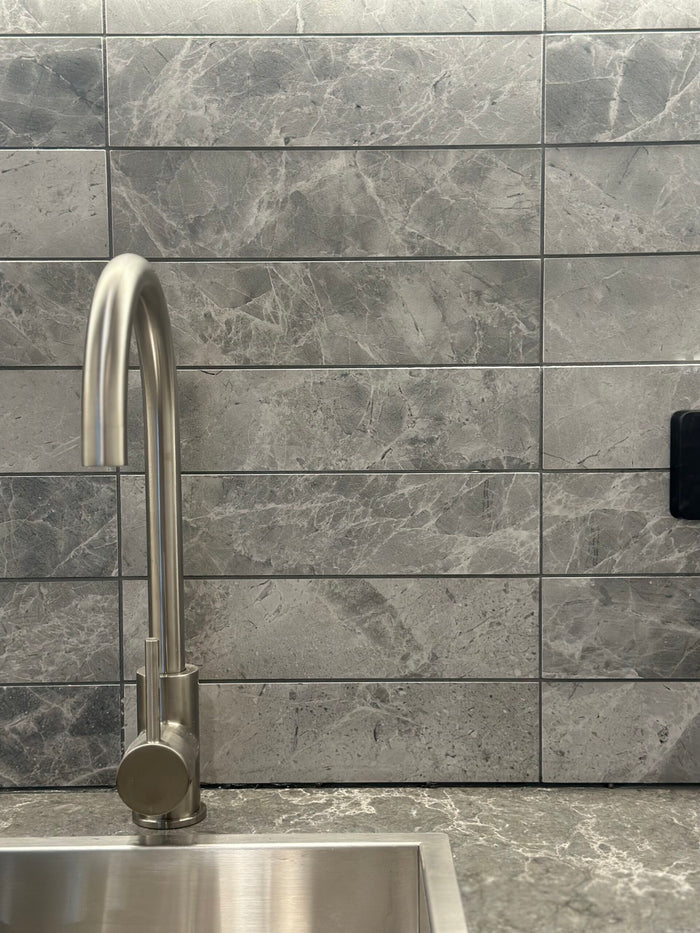 Tundra Marble Look Subway Tile 75x300mm in Blue & Grey, Matt finish