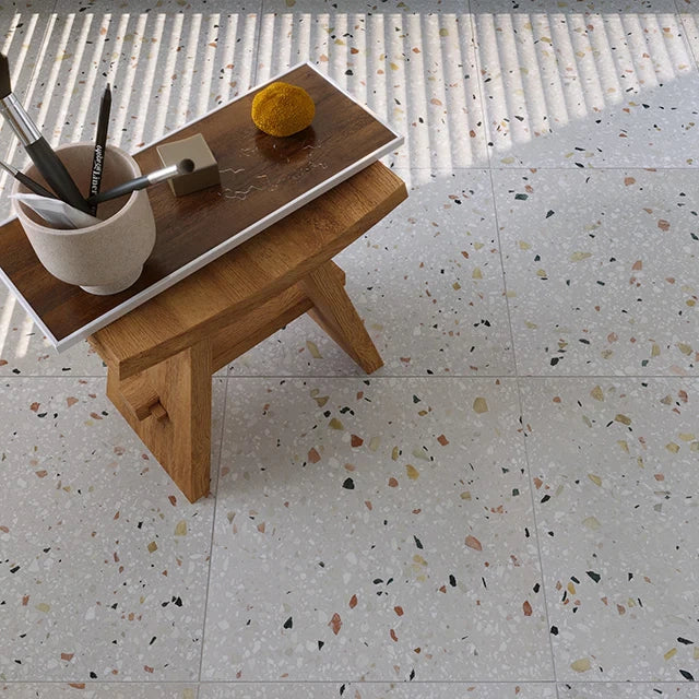 Terrazzo Architectural Range Natural Stone Tile in Valenza Gold, Honed, Leather & Polished finish