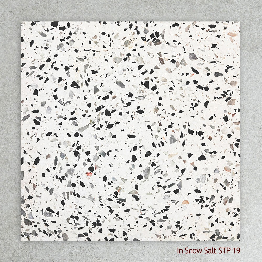 Terrazzo Architectural Range Natural Stone Tile in Navy Blue, Gem Onyx, Ivy Onyx, Black Forest, Creama Lantana, Calla Onyx, Grigio Ocra, Coarse Grain Black, Baby Blue, Valenza Gold, Forest Pink, Rosa Carlo, Blush Pink, Forest Green Coarse, Forest Green, Soft Pink, Sage Green, Coarse Grain White & Fine Grain White, Honed, Leather & Polished finish