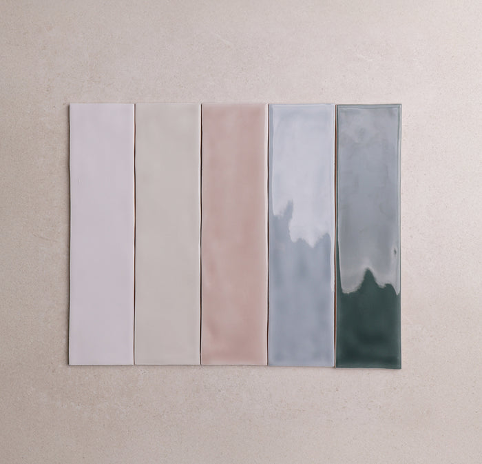 Aura Series Ceramic Wall Tile 75×300 mm in Emerald, Petal, Powder, Silver & Sky, Gloss finish