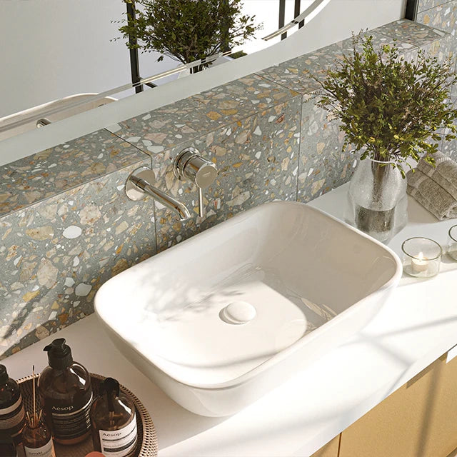 Terrazzo Architectural Range Natural Stone Tile in Navy Blue, Gem Onyx, Ivy Onyx, Black Forest, Creama Lantana, Calla Onyx, Grigio Ocra, Coarse Grain Black, Baby Blue, Valenza Gold, Forest Pink, Rosa Carlo, Blush Pink, Forest Green Coarse, Forest Green, Soft Pink, Sage Green, Coarse Grain White & Fine Grain White, Honed, Leather & Polished finish