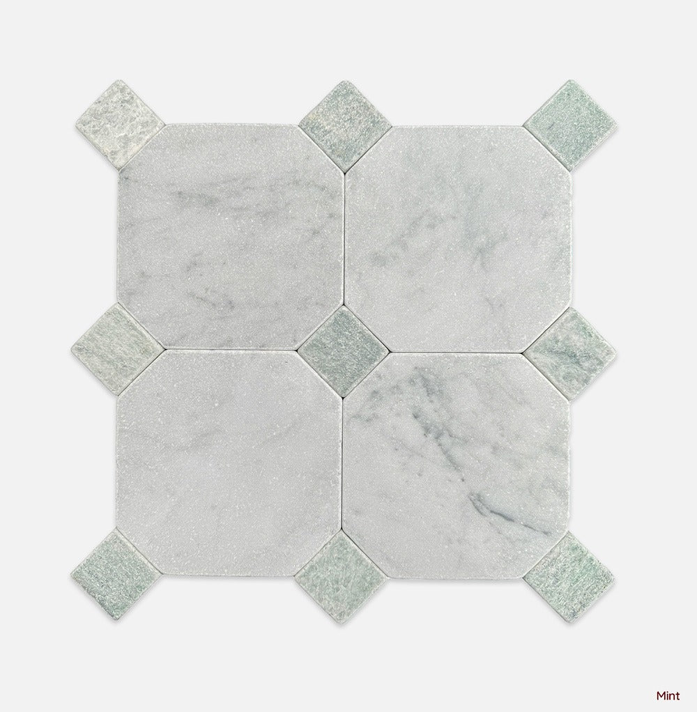 Octagon | Dot Square Tumbled Marble Mosaic in Mint ( Sage Green )