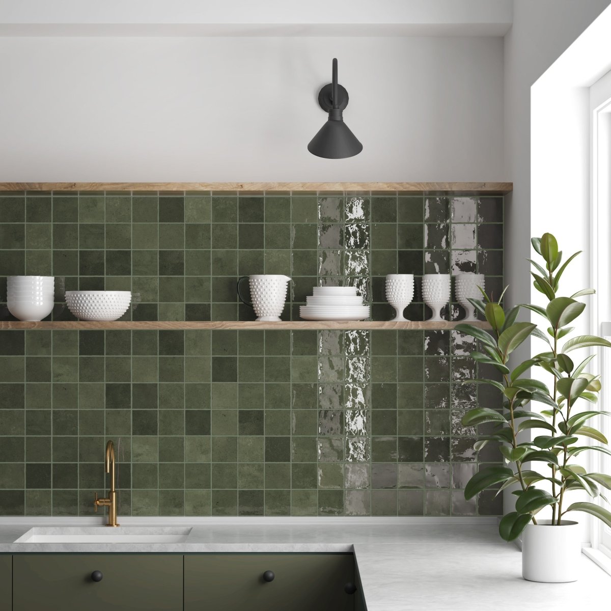 Spanish handmade-look square tiles in green gloss as a kitchen splashback with open shelving