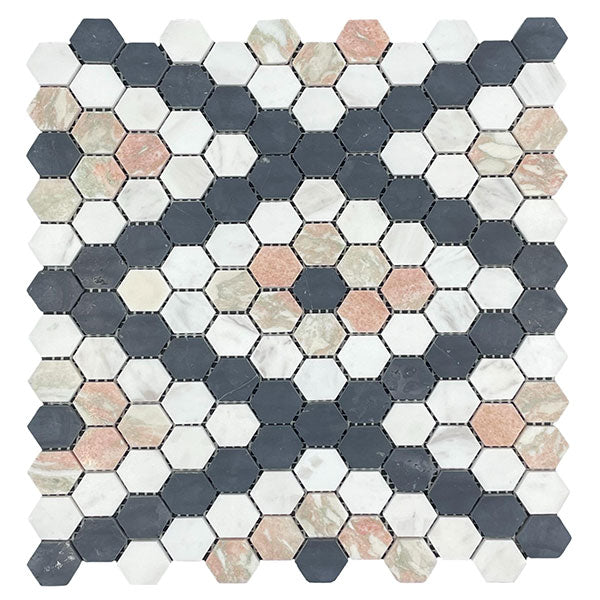 Mix Hexagon Marble in NERO, VOLAKAS, NORVEGIAN RED HONED