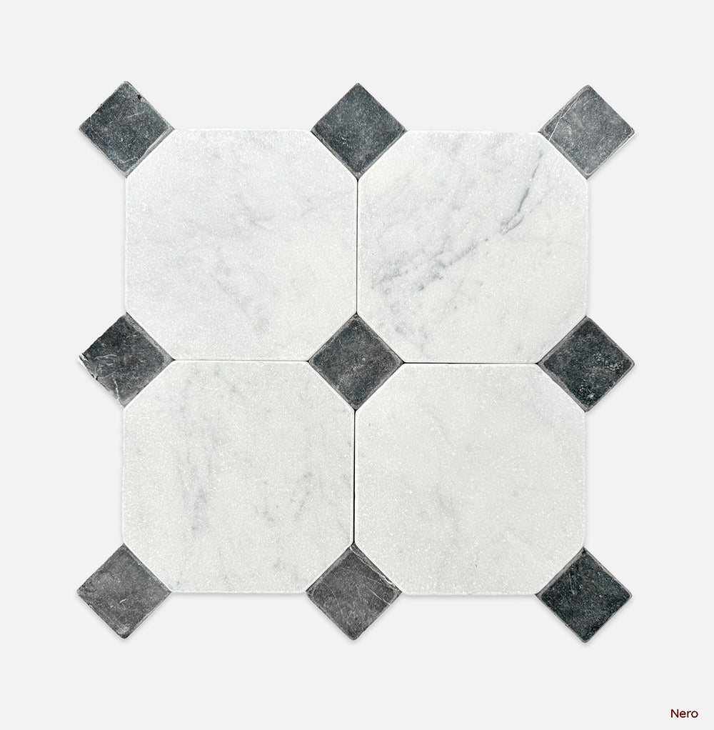 Octagon | Dot Square Tumbled Marble Mosaic in Nero