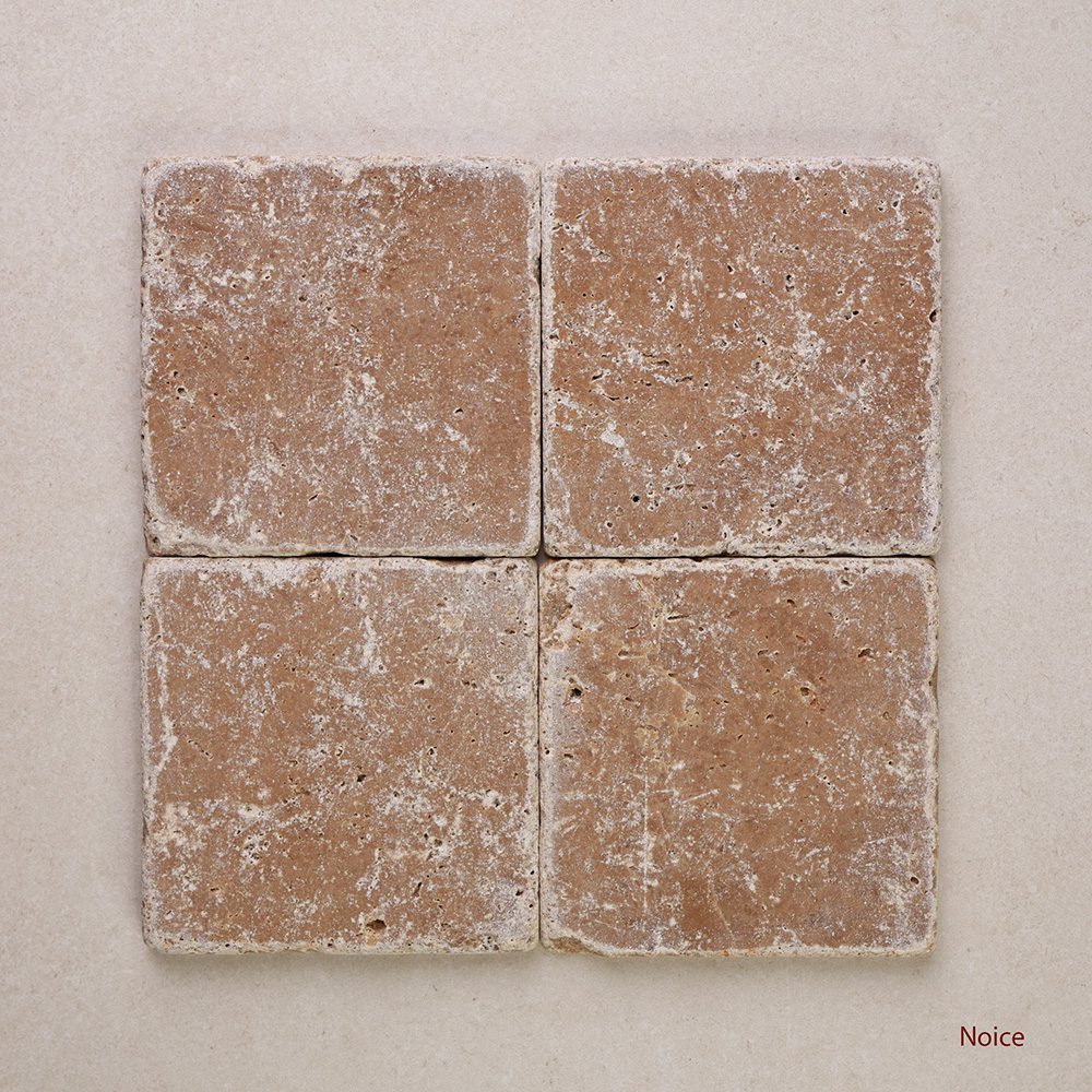 Tumbled Marble Square Natural Stone Tiles 100x100 mm in Crema Trav, Valencia Red, Azure, Botticino, Carrara, Gold Trav, Irish Green, Noce, Noirsette, Plum Red, Travertine Rosso, Dark Emperador, Silver Shadow, Silver Trav, Skylight Marble, Soft Pink, Venato & Verde