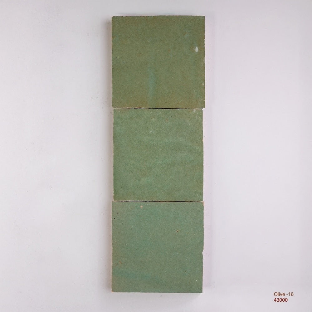 Zellige Moroccan Square Handmade Tiles in Olive, Glazed finish