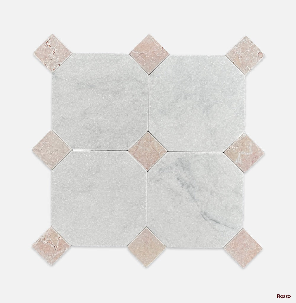 Octagon | Dot Square Tumbled Marble Mosaic in Rosso Red