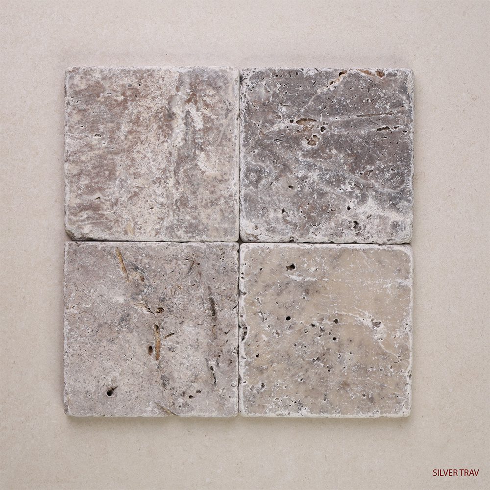 Tumbled Marble Square Natural Stone Tiles 100x100 mm in Silver Trav
