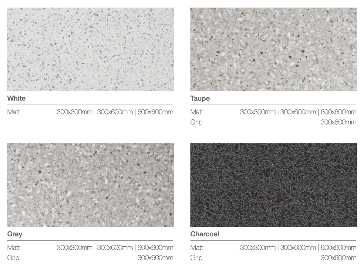 Portland Terrazzo Look Floor and Wall Tile in Taupe, Charcoal, Grey & White, Matt finish