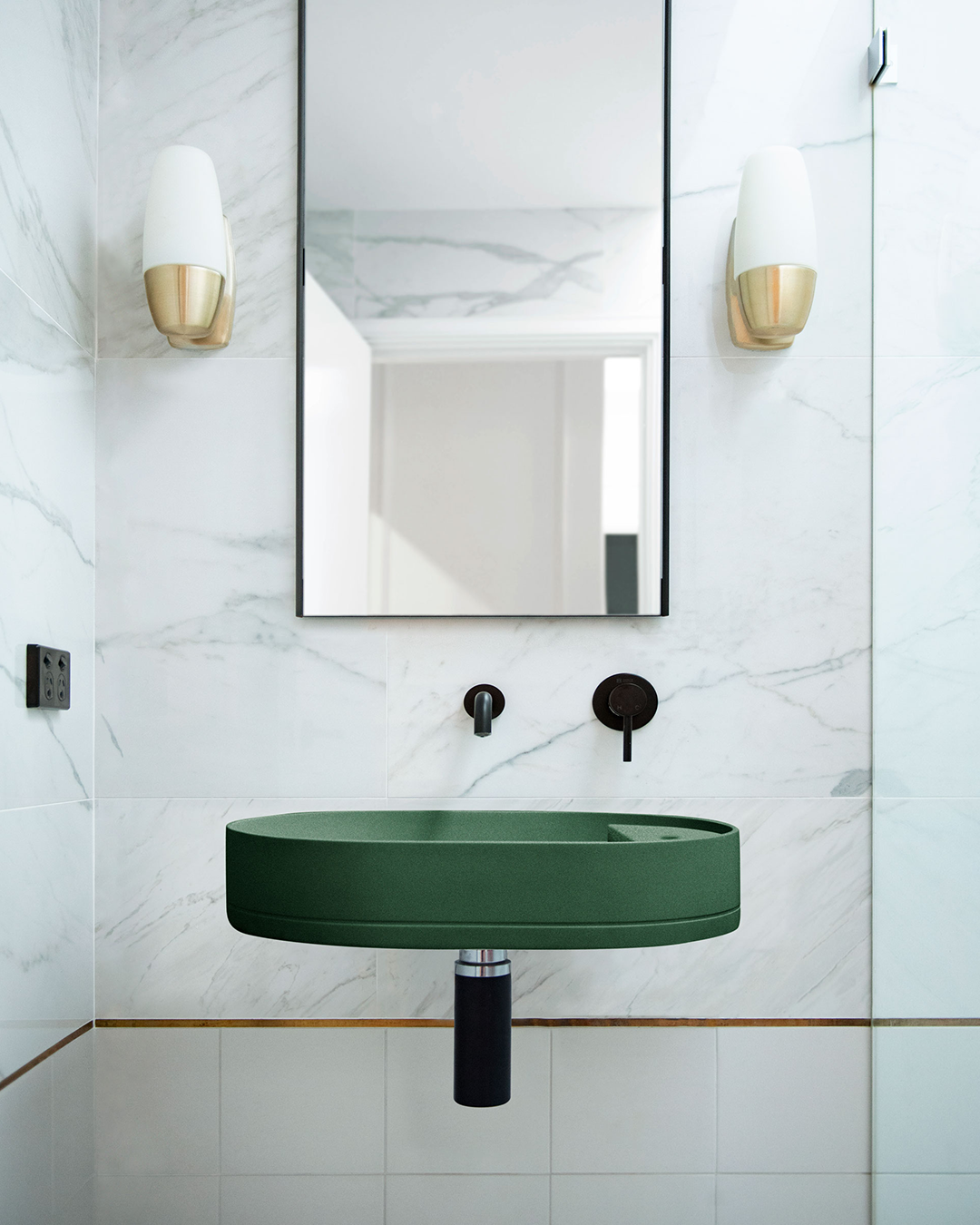 Nood Co Shelf Oval Concrete Basin in Teal, installed in a finished bathroom