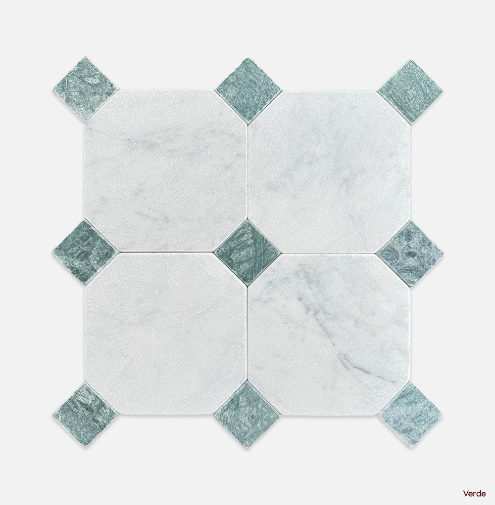 Octagon | Dot Square Tumbled Marble Mosaic in Verde