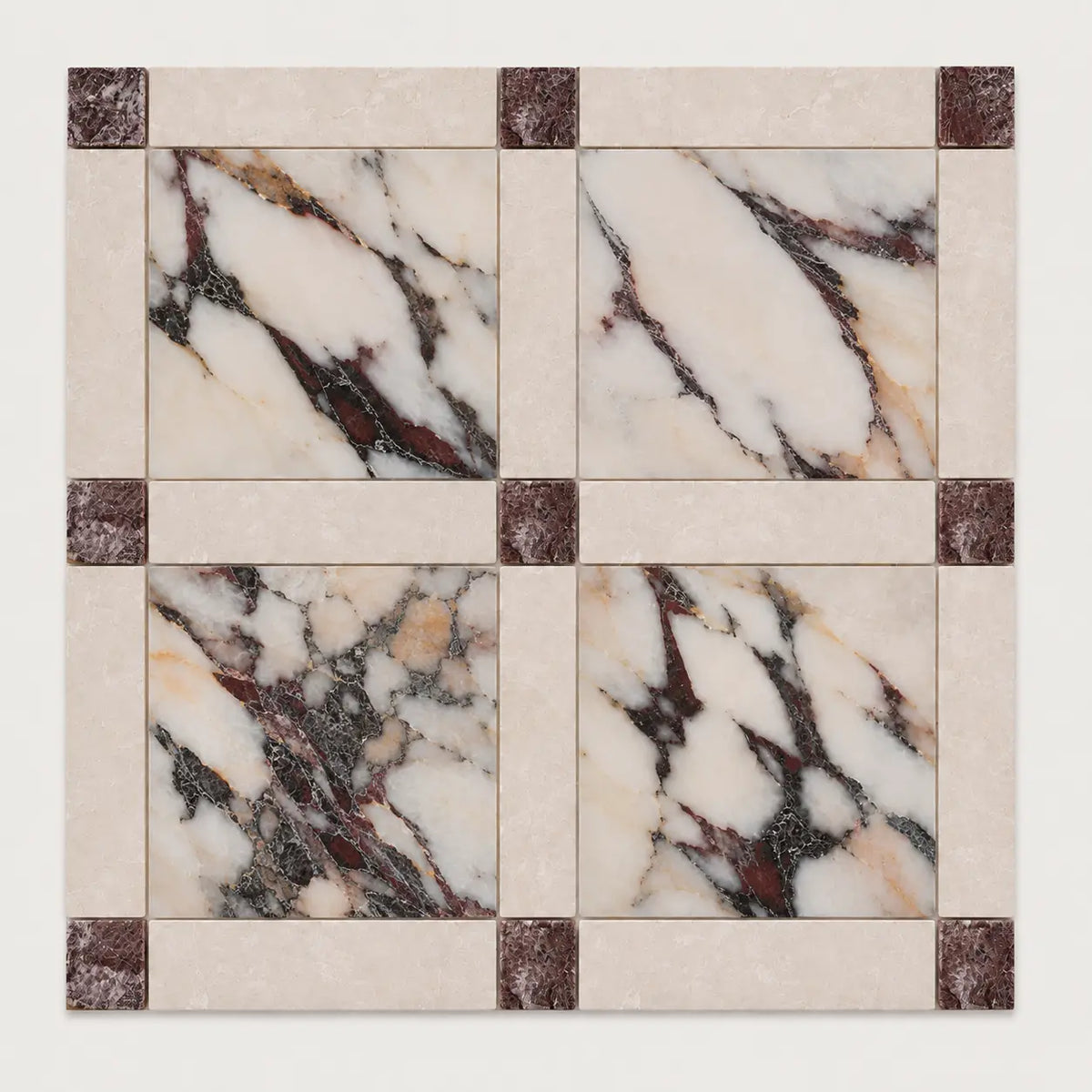 Tuscan Dot Marble Mosaic Set in Nero, Red Rose, Levanto, Viola | Botticino & Viola | Red, Honed finish