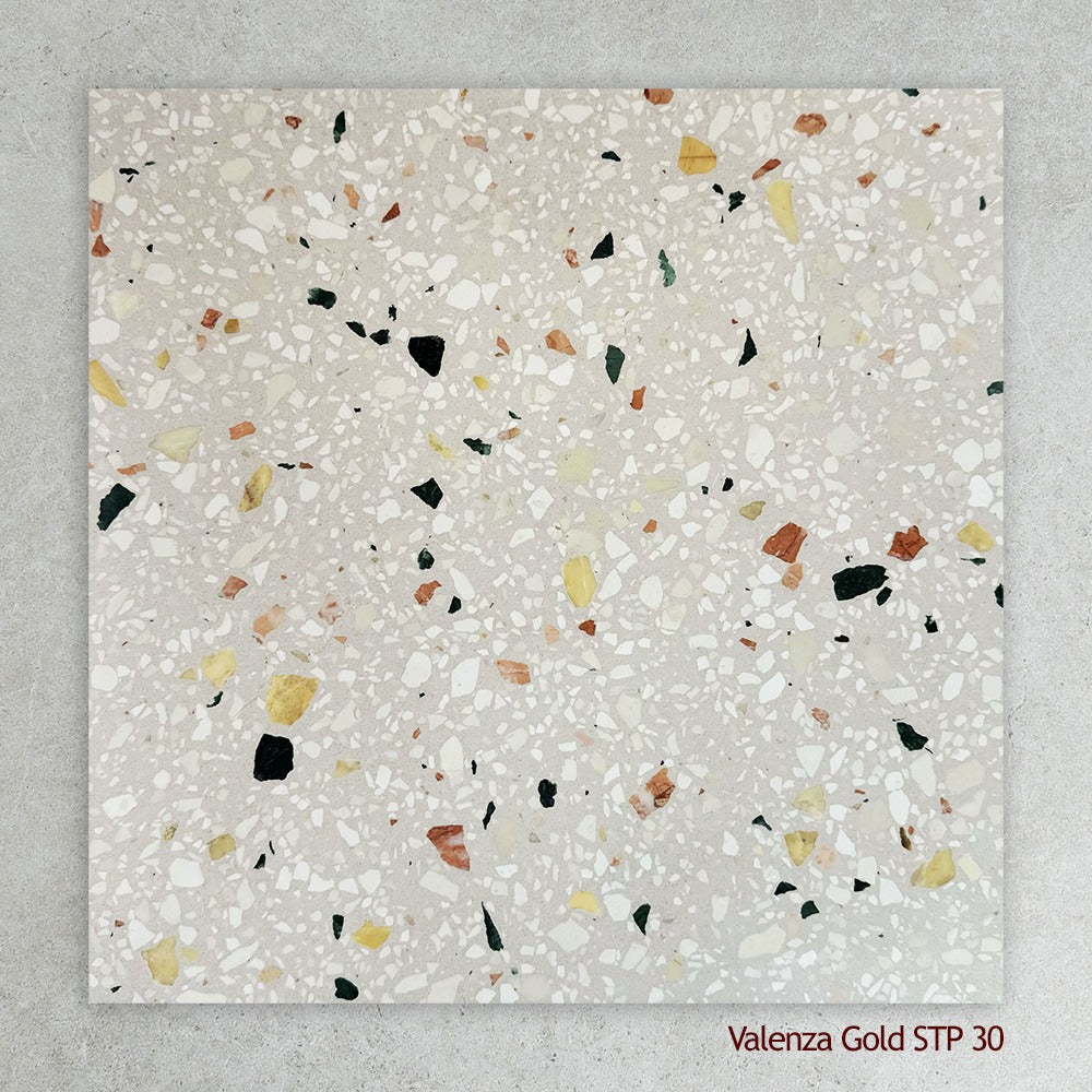 Terrazzo Architectural Range Natural Stone Tile in Valenza Gold, Polished finish