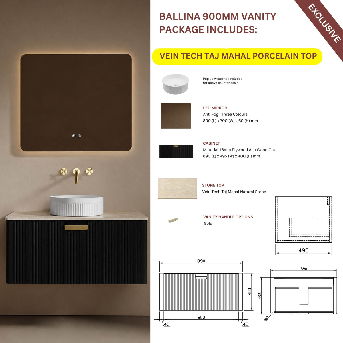 Ballina 900mm Wall Hung Vanity Package with Taj Mahal Top | Serano Surfaces