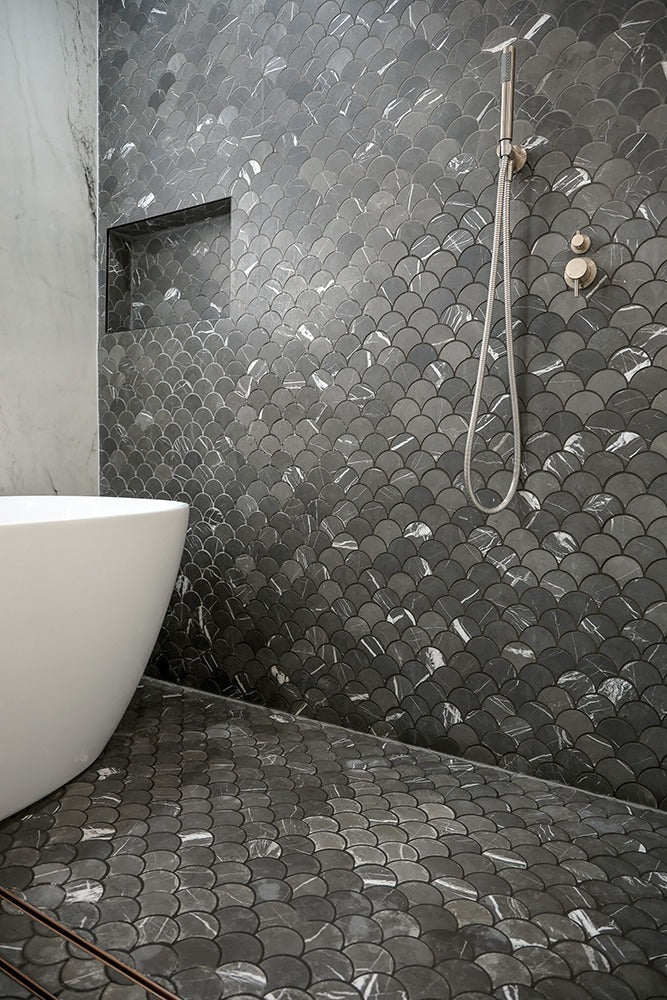 Fishscale Pietra Grey Honed Marble Mosaic