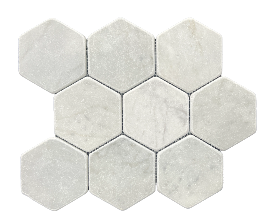 Carrara Hexagon Marble Mosaic | Tumbled & Honed Natural Stone