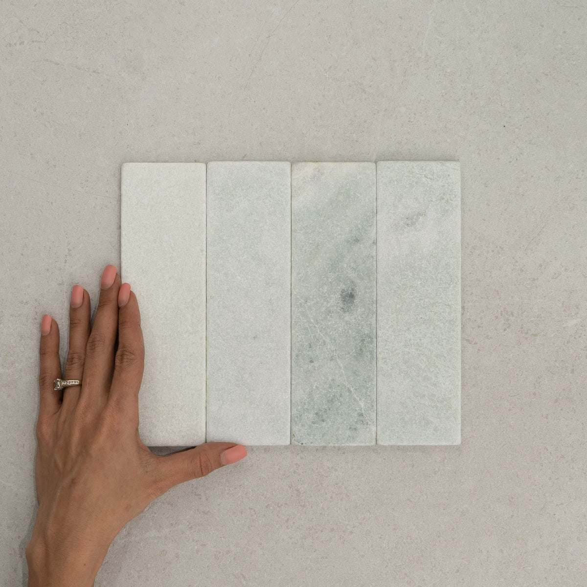 Apollo Natural Stone Subway Tile 60x200mm in Terra, Navona, Carrara, Ice, Charcoal, Mint ( Sage Green ) & Pepper, Tumbled finish