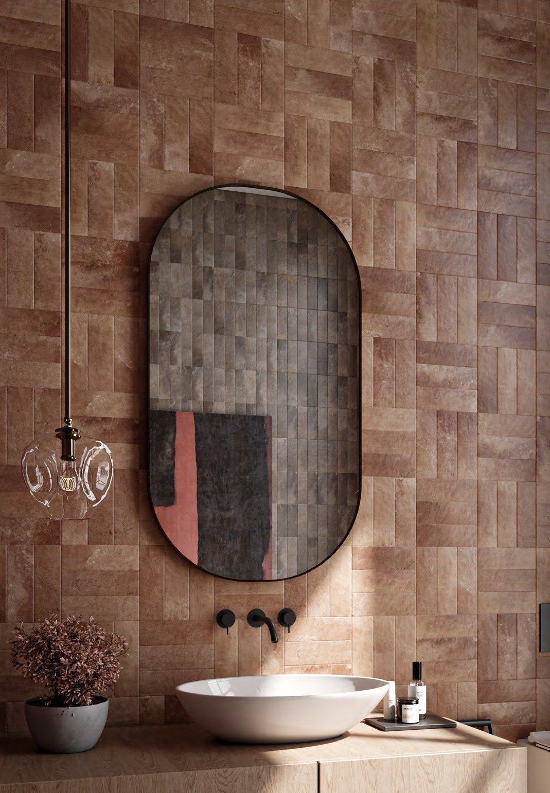 Arizona Cotto 75 x 230 strips on a bathroom wall (supplier render)